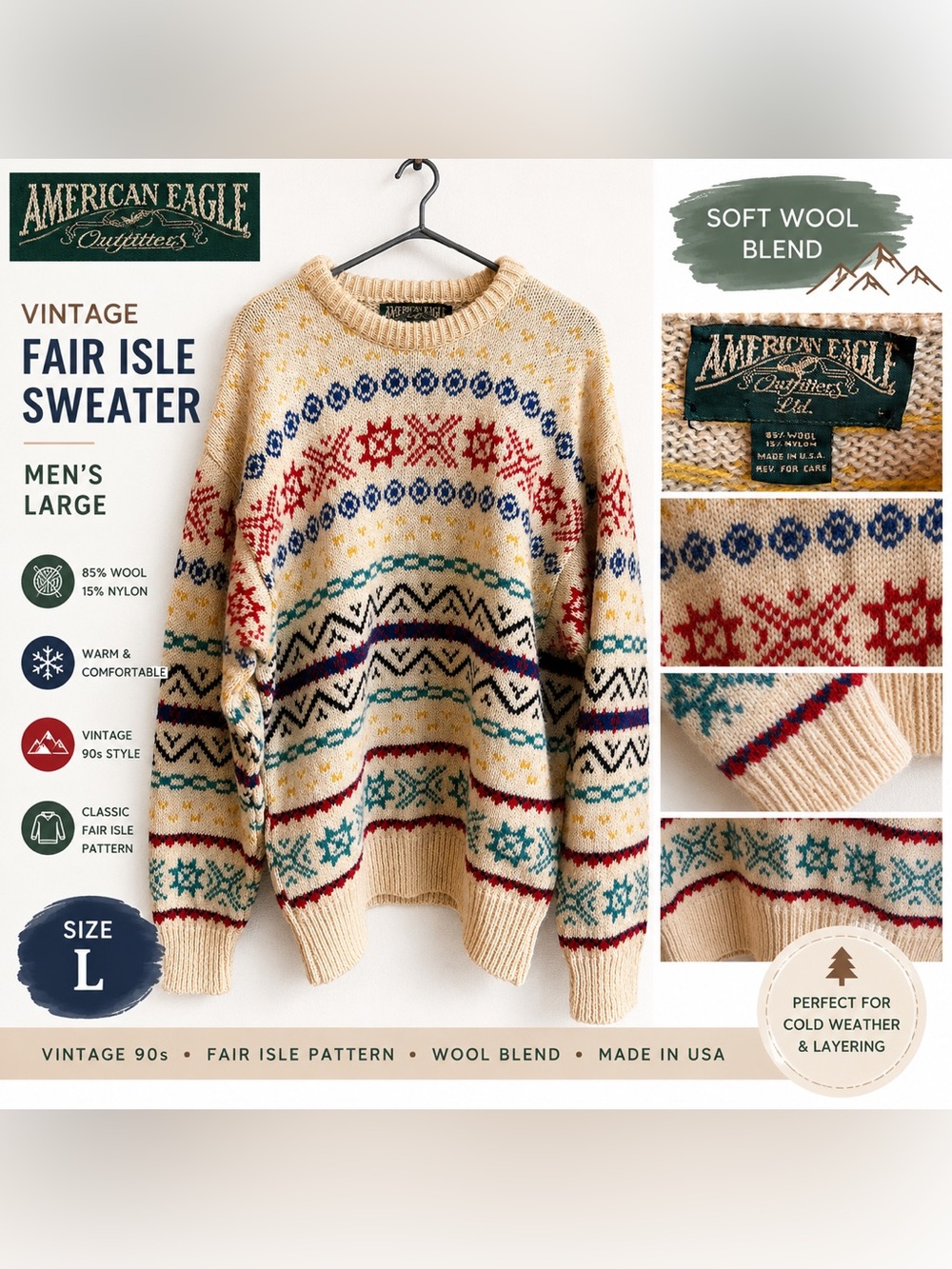 Vintage American Eagle Fair Isle Sweater Mens L Wool Blend Made USA